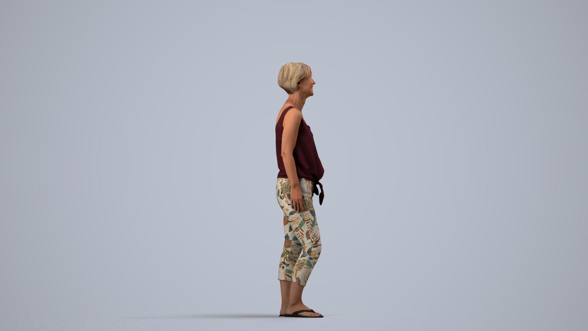 realistic 3D people senior woman standing, render-ready for V-Ray and Corona, FBX OBJ, side view render