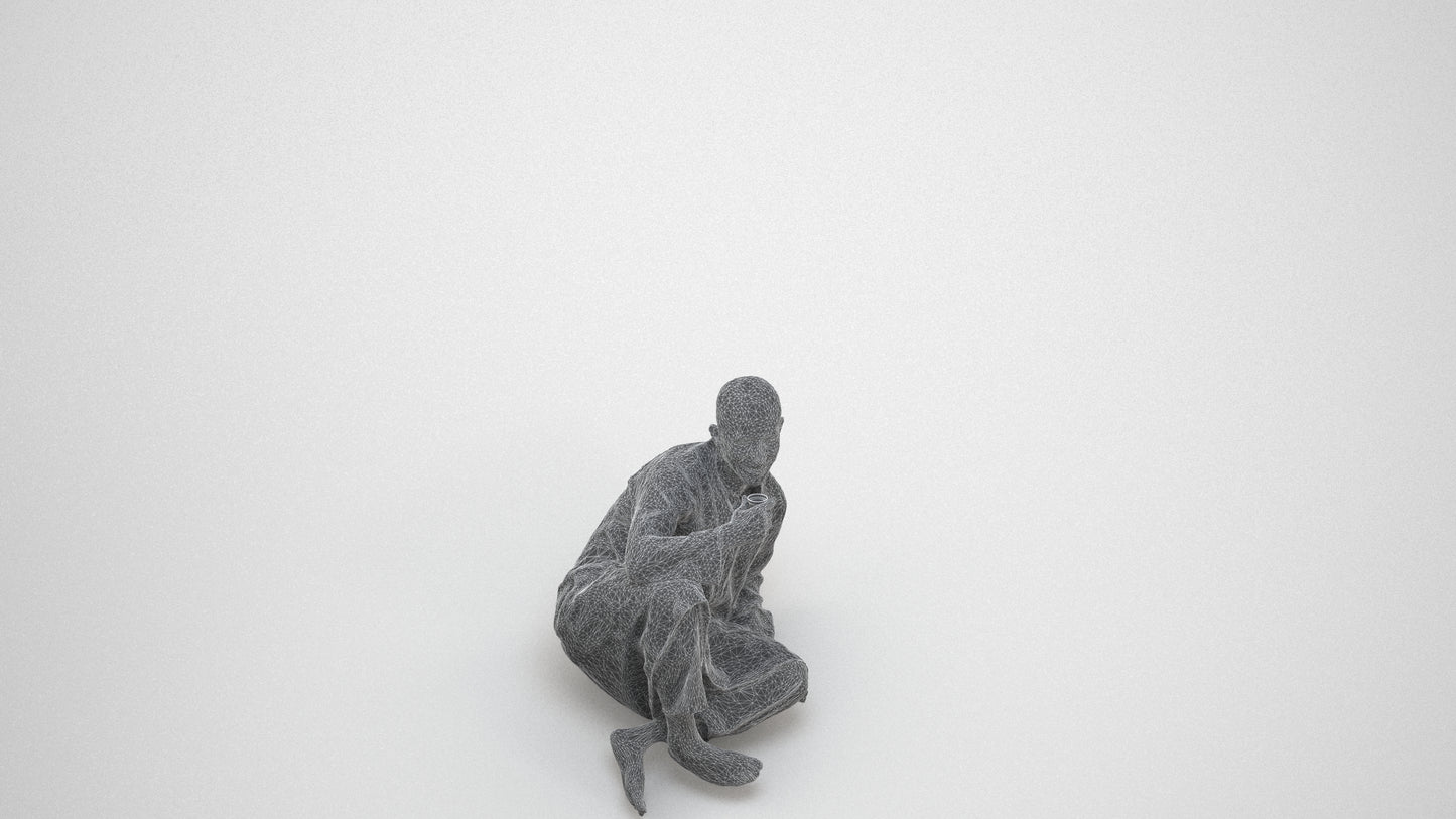 realistic 3D people man sitting, render-ready for V-Ray and Corona, FBX OBJ, wireframe three-quarter view