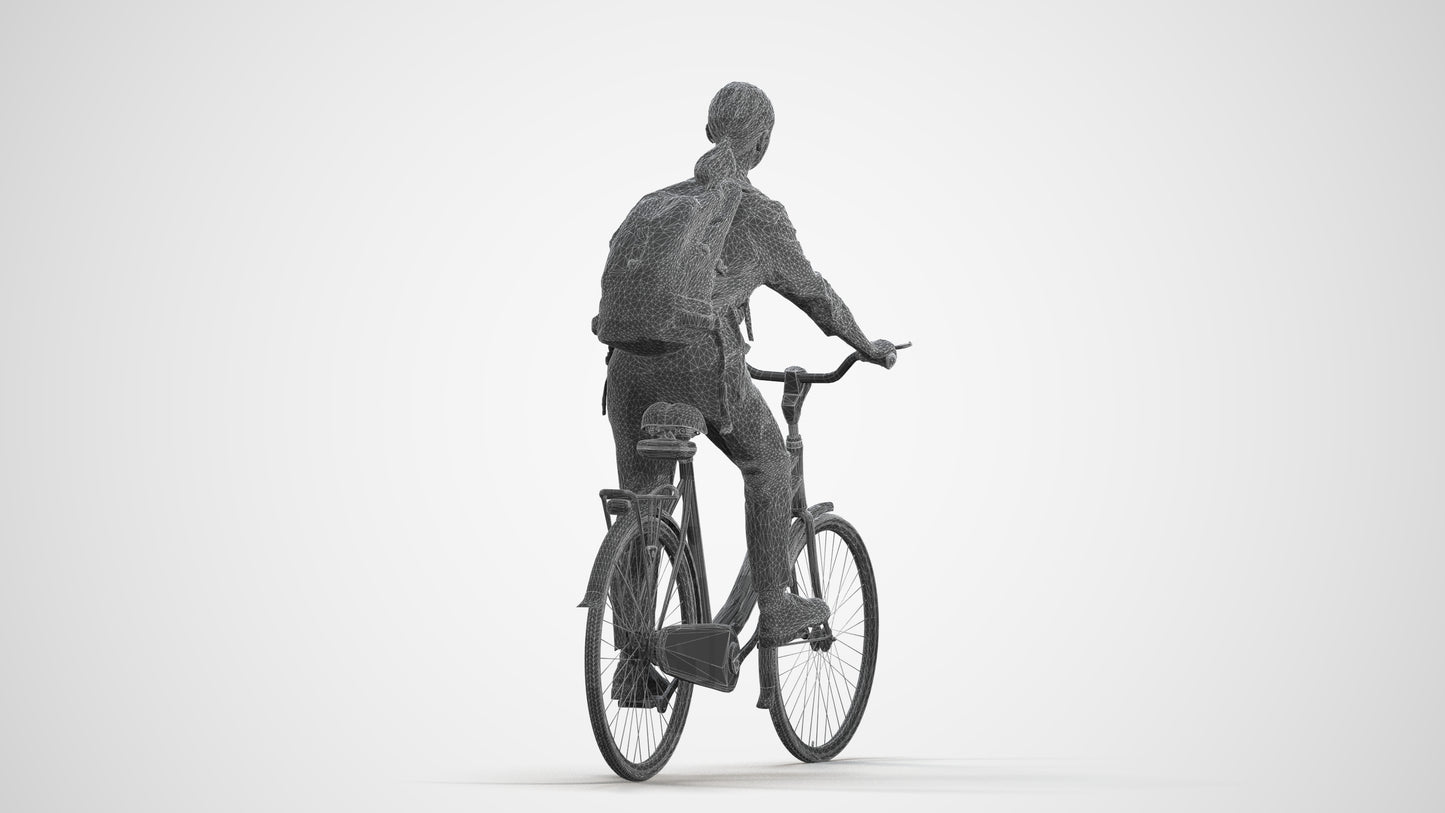 realistic 3D people girl business cycling, render-ready for V-Ray and Corona, FBX OBJ, wireframe front view