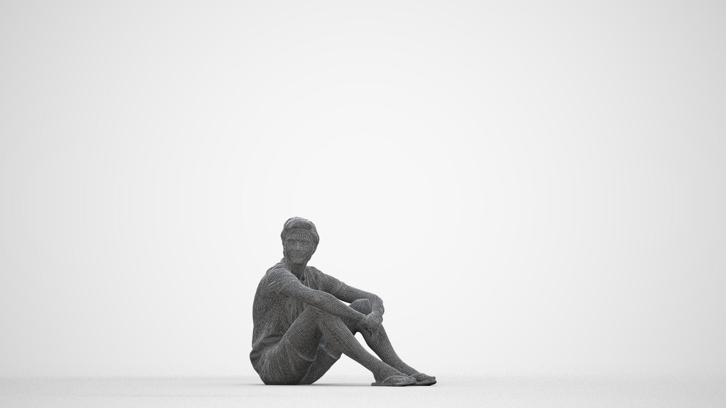 3D human model man casual pool, photogrammetry scanned person for archviz, wireframe back view
