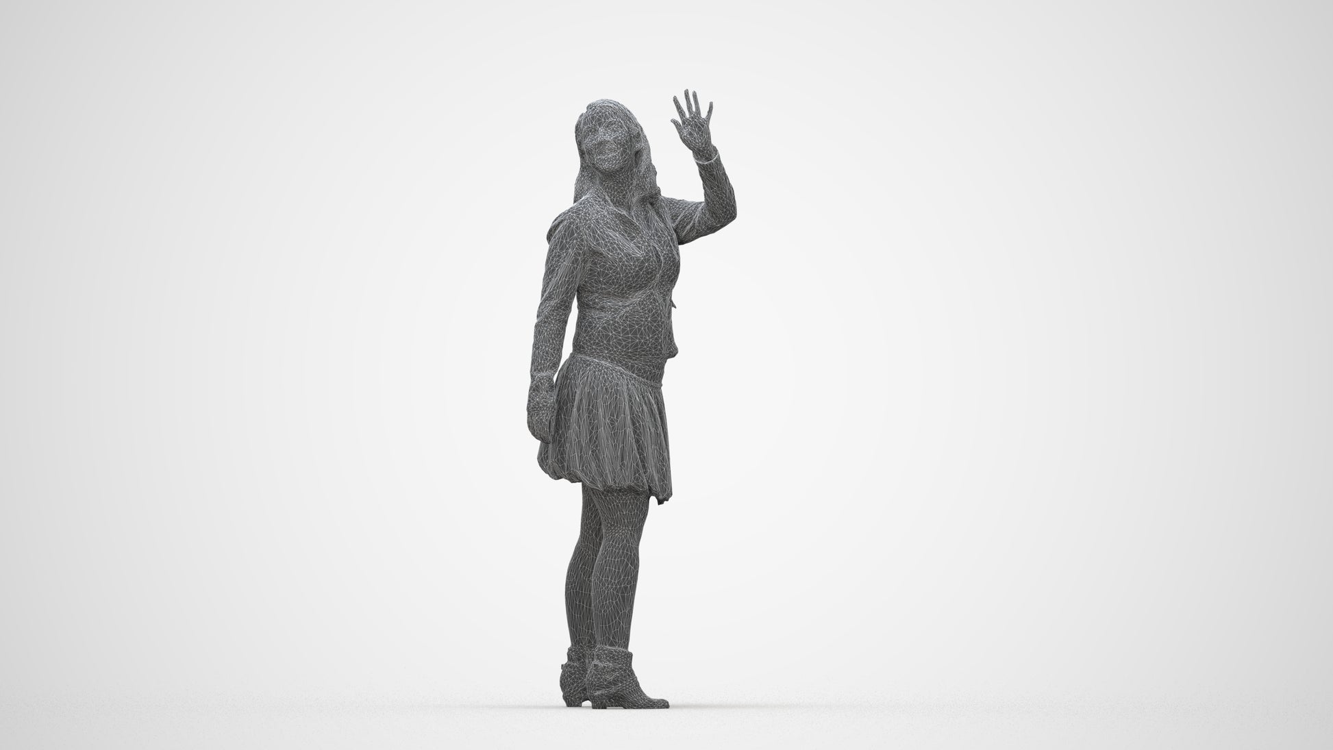 3D human model woman casual standing, photogrammetry scanned person for archviz, wireframe back view