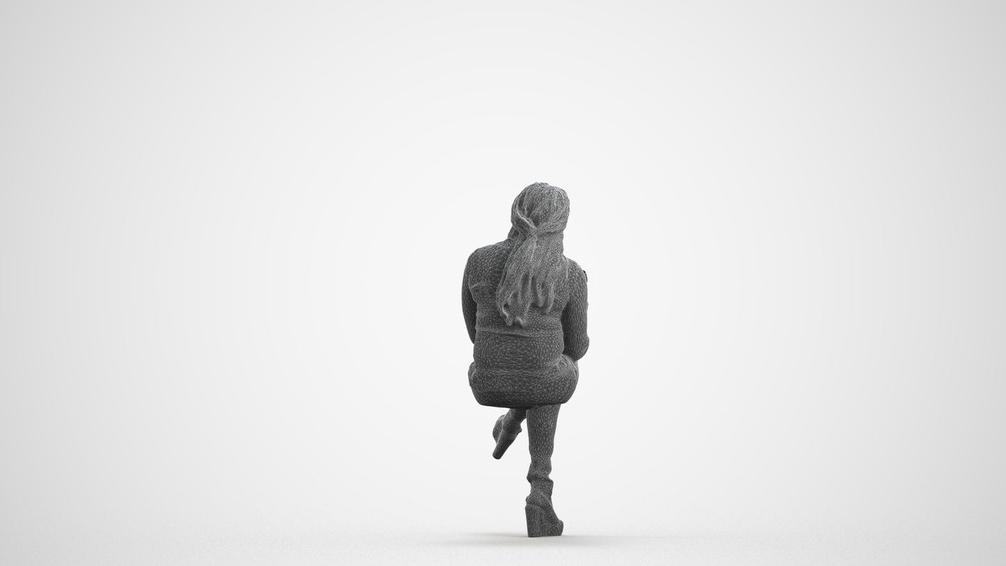3D human model woman casual sitting, photogrammetry scanned person for archviz, wireframe front view