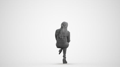 3D human model woman casual sitting, photogrammetry scanned person for archviz, wireframe front view