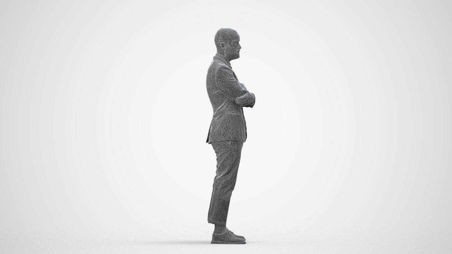 3D human model man business, photogrammetry scanned person for archviz, wireframe side view