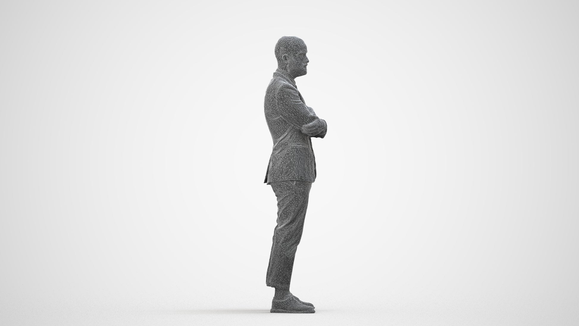 3D human model man business, photogrammetry scanned person for archviz, wireframe side view