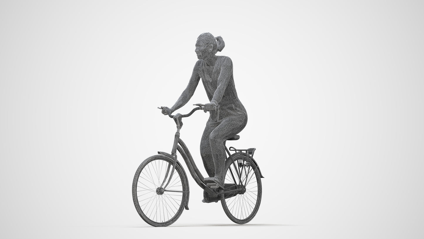 realistic 3D human woman casual cycling, archviz people FBX OBJ for Blender, wireframe back view