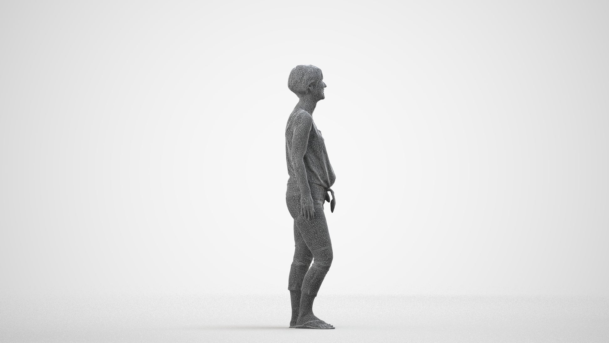 realistic 3D people senior woman standing, render-ready for V-Ray and Corona, FBX OBJ, wireframe side view
