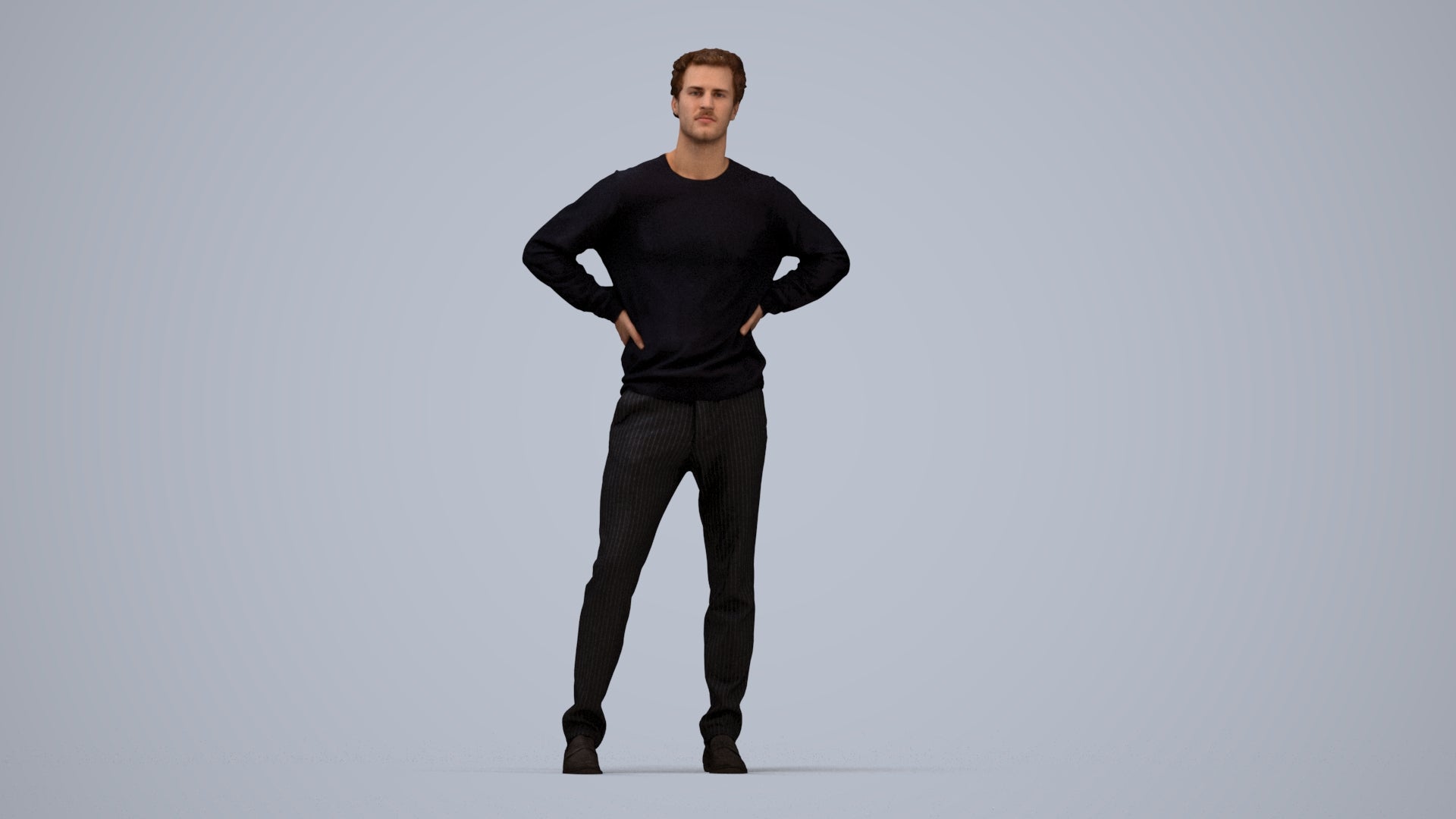 3D human model man casual standing, photogrammetry scanned person for archviz, top-down view render