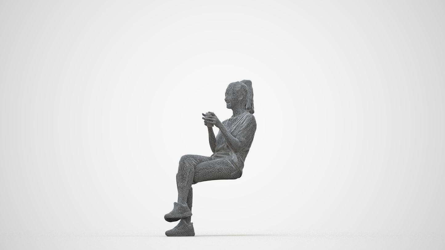 realistic 3D woman casual sitting, scanned archviz people for Blender and 3ds Max, wireframe back view