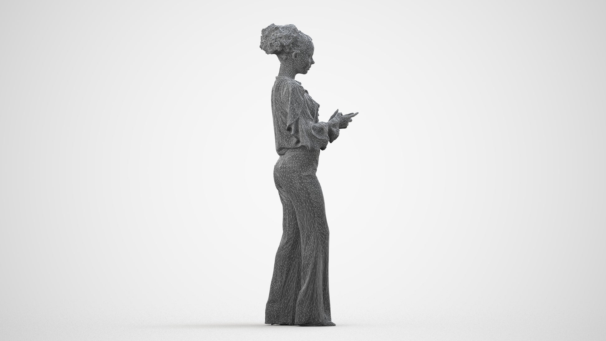 3D human model woman casual standing, photogrammetry scanned person for archviz, wireframe side view