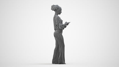 3D human model woman casual standing, photogrammetry scanned person for archviz, wireframe side view
