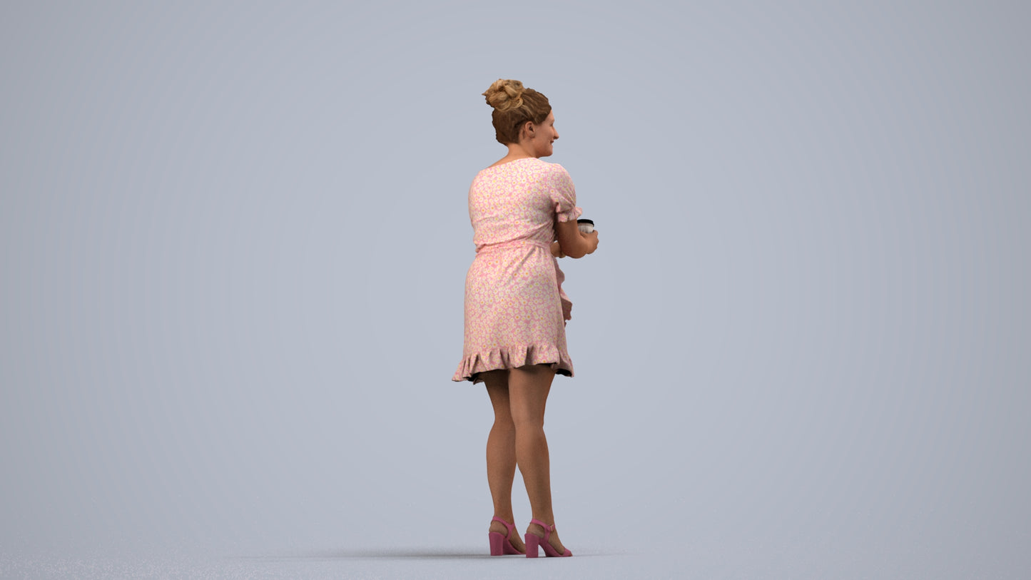 3D human model woman casual standing, photogrammetry scanned person for archviz, side view render