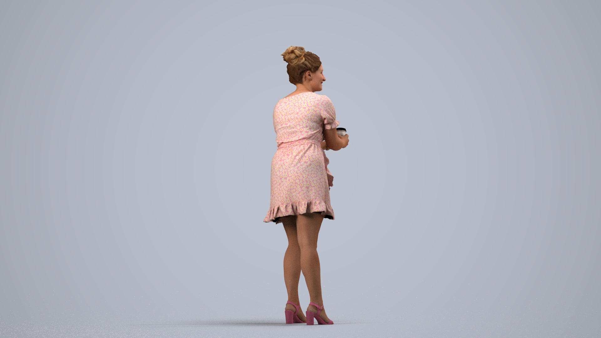 3D human model woman casual standing, photogrammetry scanned person for archviz, side view render