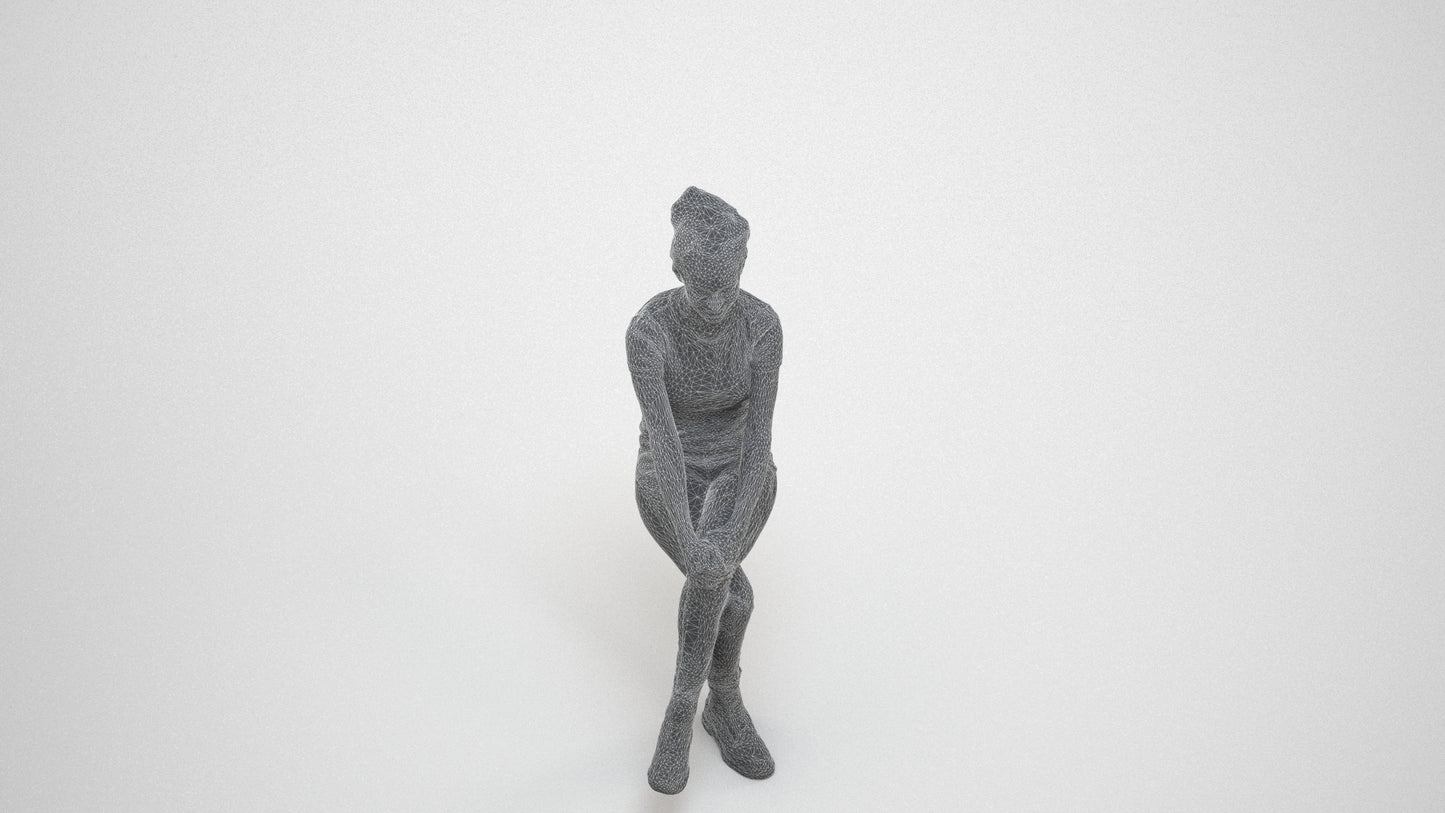 3D human model woman casual sitting, photogrammetry scanned person for archviz, wireframe three-quarter view
