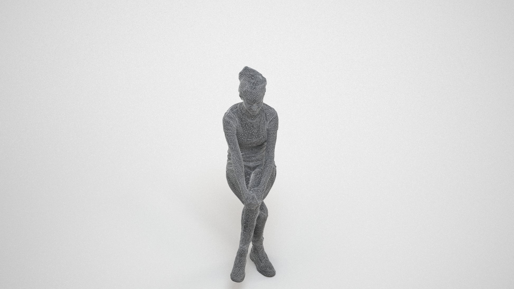 3D human model woman casual sitting, photogrammetry scanned person for archviz, wireframe three-quarter view
