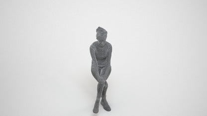 3D human model woman casual sitting, photogrammetry scanned person for archviz, wireframe three-quarter view