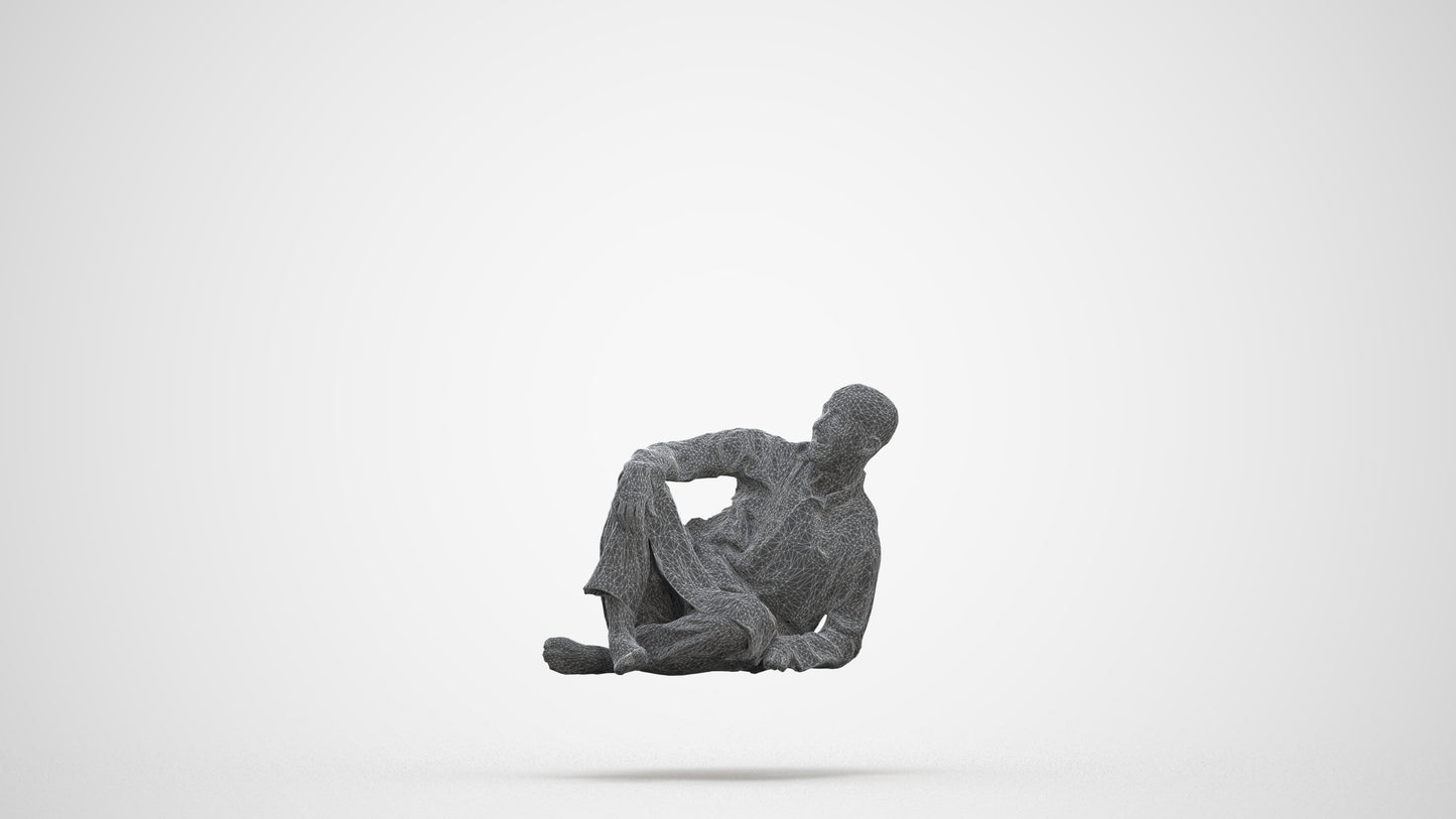 3D people model man casual sitting, scanned human for 3ds Max rendering, three-quarter front view render