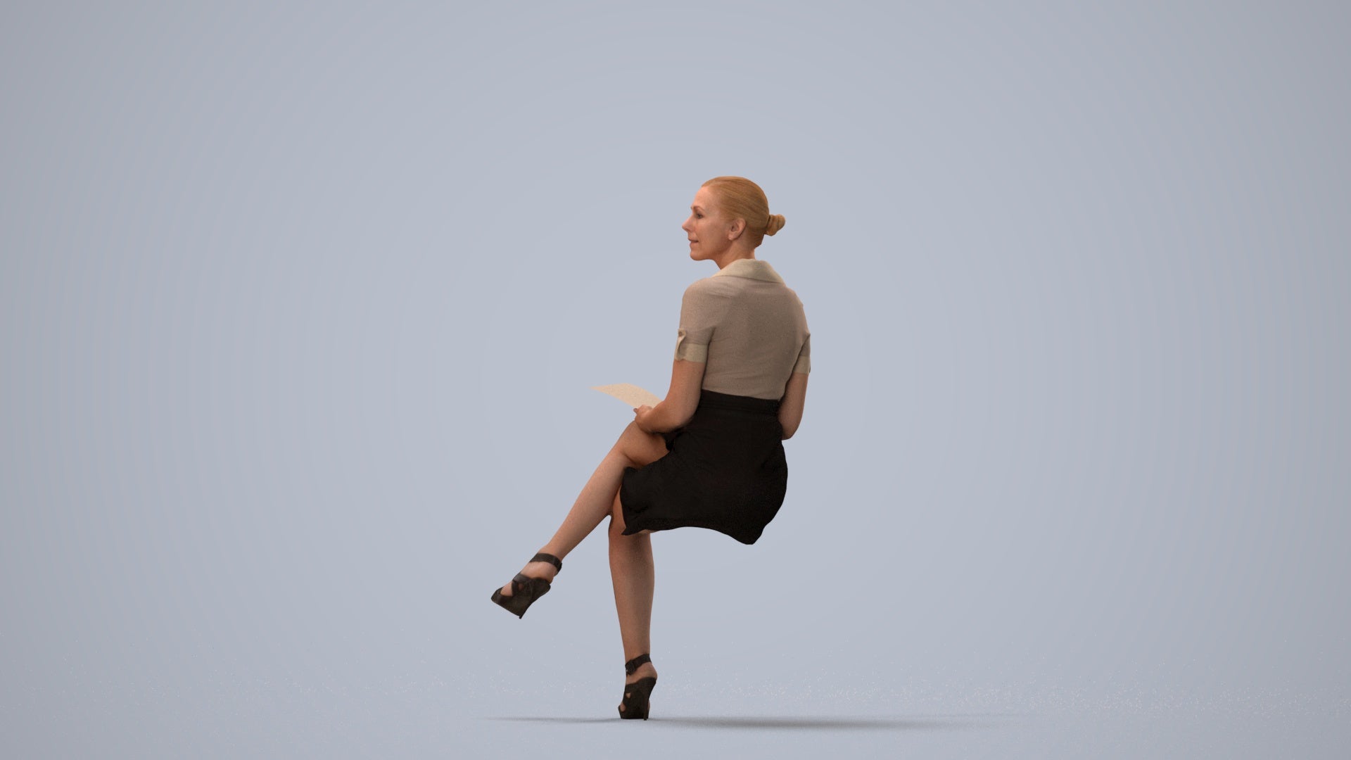3D scanned woman sitting business, photorealistic archviz people for Enscape and SketchUp, three-quarter view render