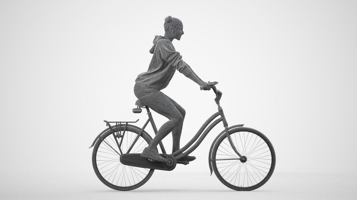 scanned 3D woman casual cycling, photogrammetry people for Enscape and V-Ray, wireframe side view