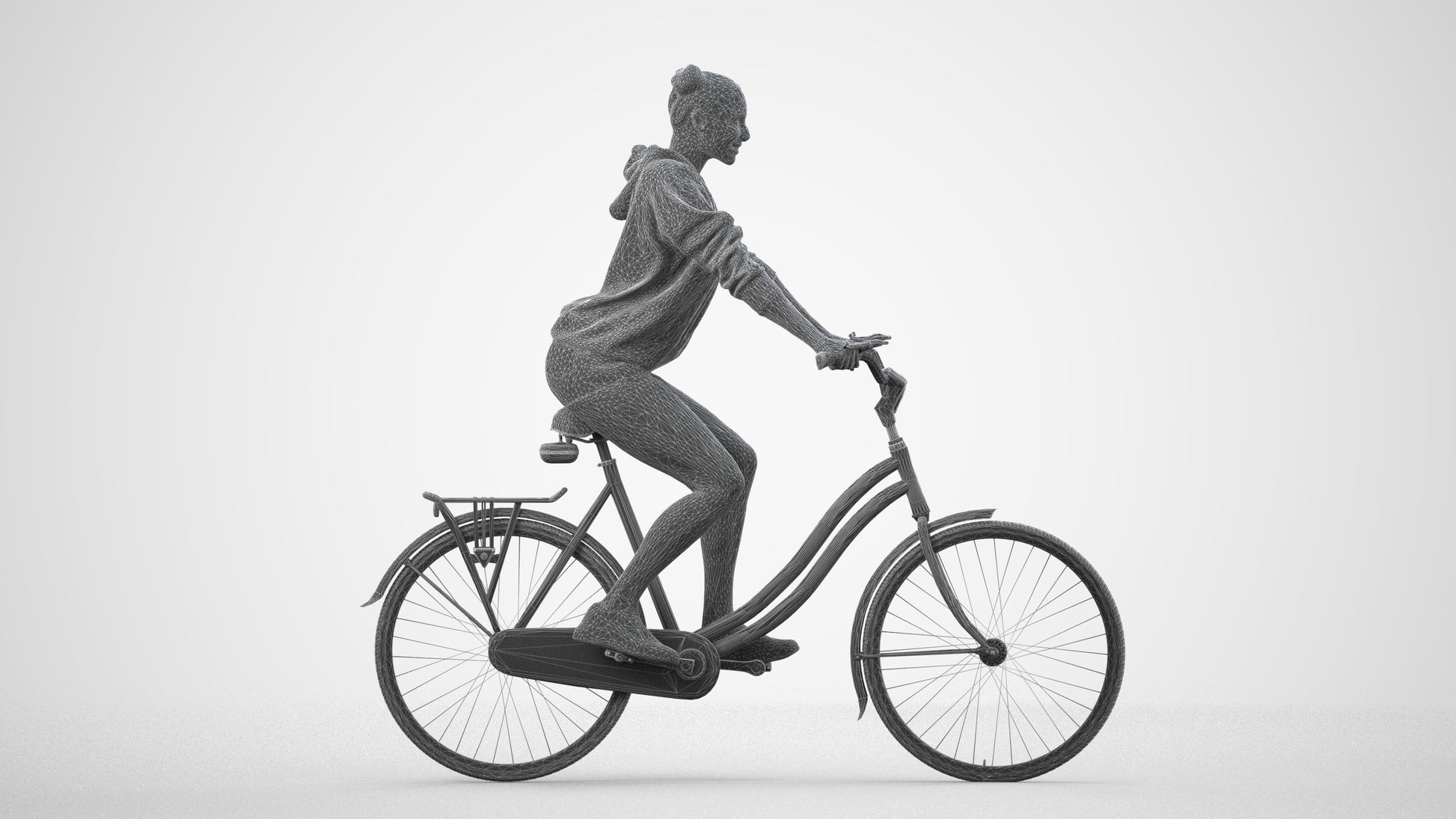 scanned 3D woman casual cycling, photogrammetry people for Enscape and V-Ray, wireframe side view