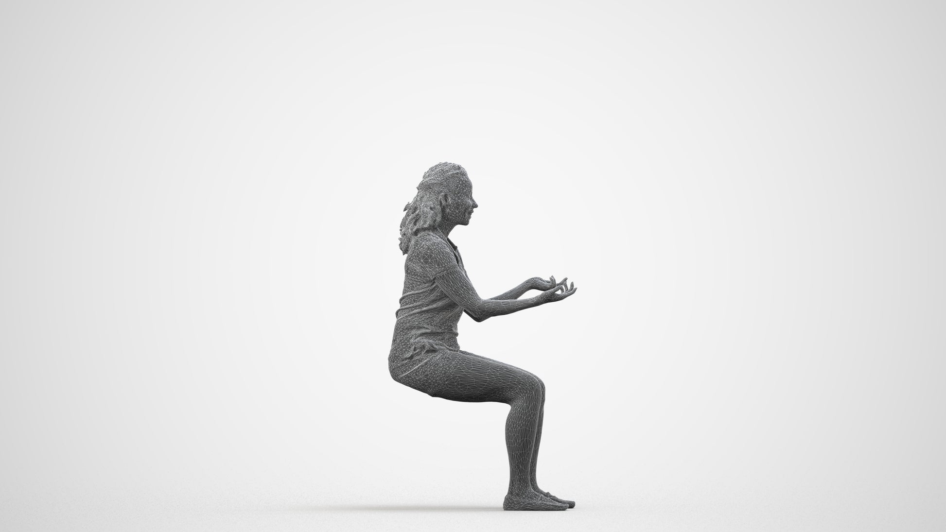3D human model woman casual sitting, photogrammetry scanned person for archviz, wireframe side view