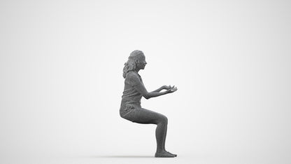 3D human model woman casual sitting, photogrammetry scanned person for archviz, wireframe side view