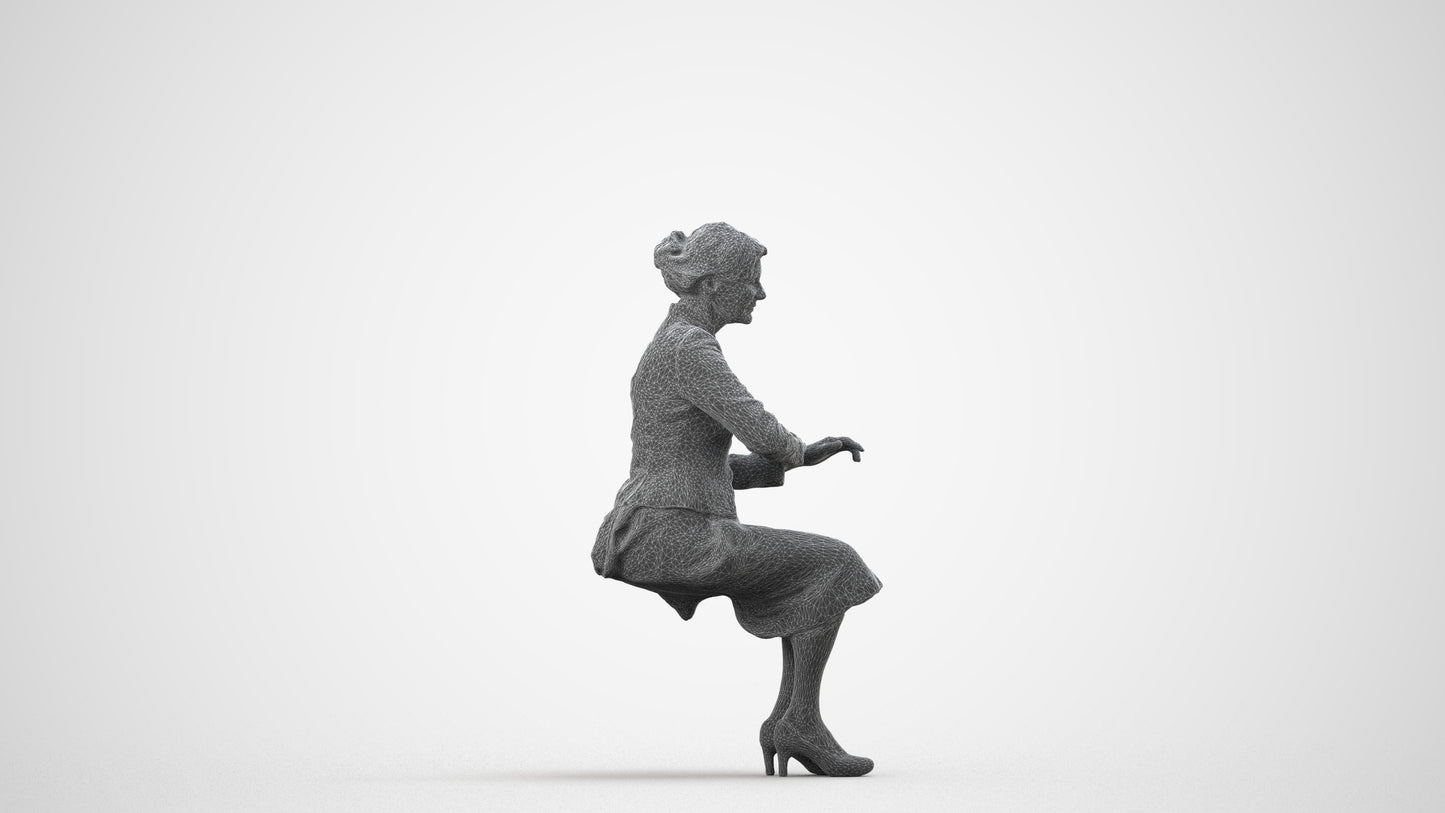 scanned 3D senior woman formal sitting, photogrammetry people for Enscape and V-Ray, wireframe side view