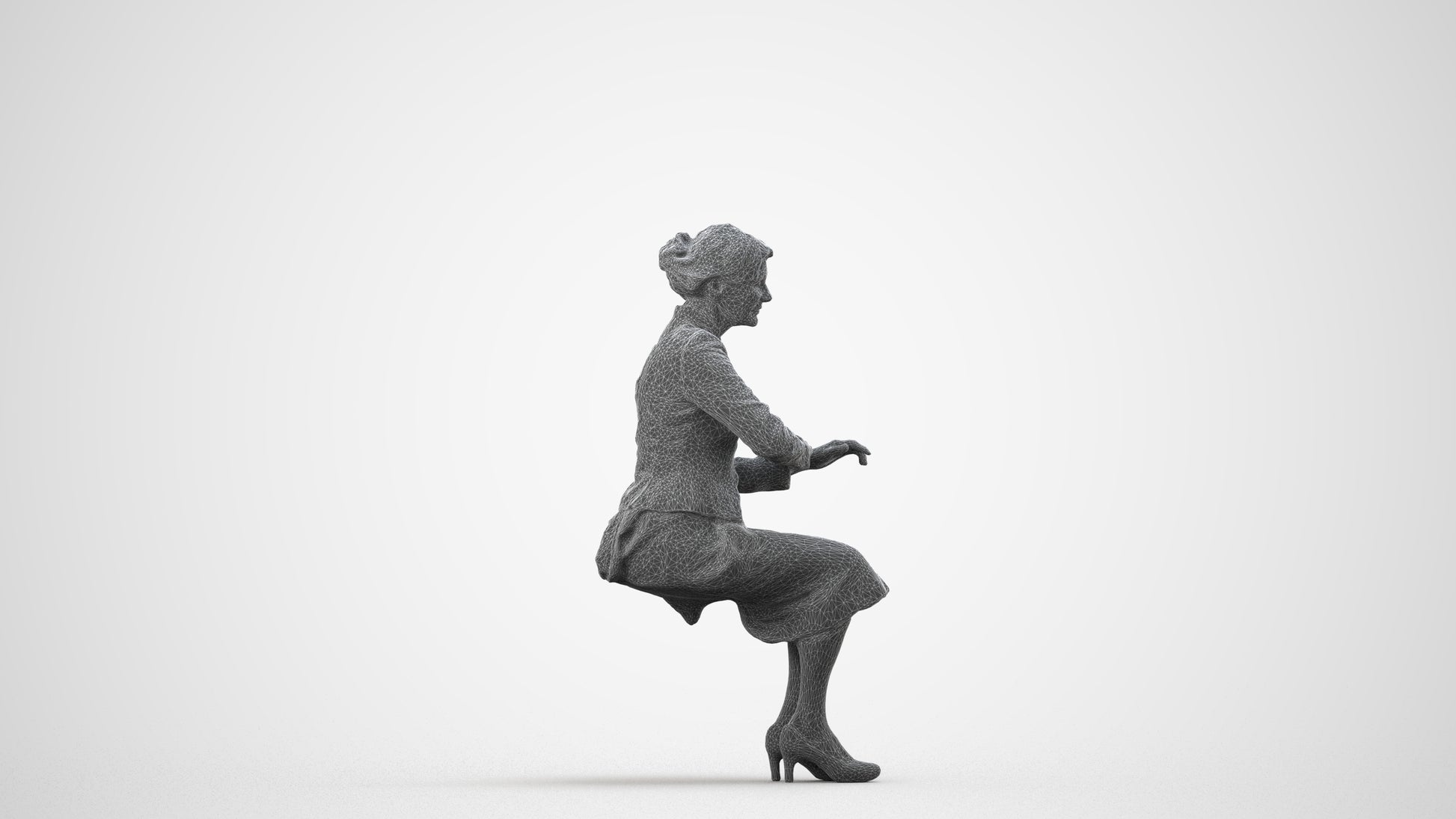 scanned 3D senior woman formal sitting, photogrammetry people for Enscape and V-Ray, wireframe side view