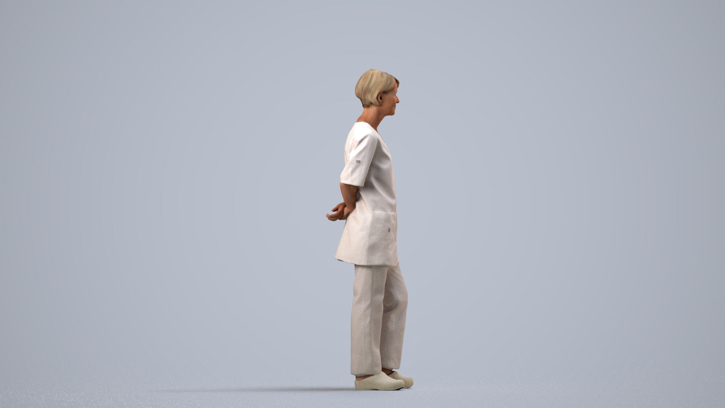 realistic 3D human senior woman medical, archviz people FBX OBJ for Blender, side view render