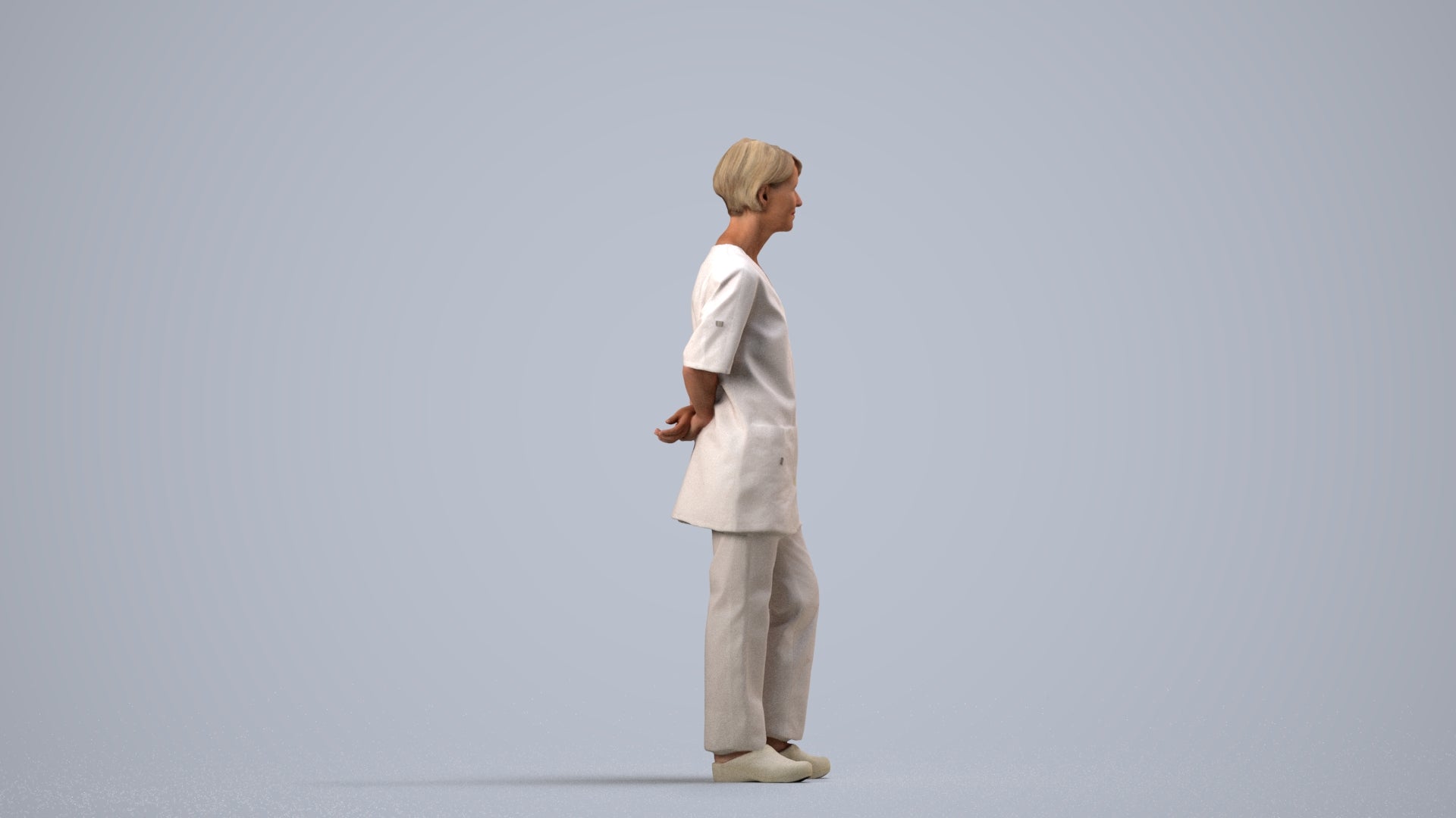 realistic 3D human senior woman medical, archviz people FBX OBJ for Blender, side view render