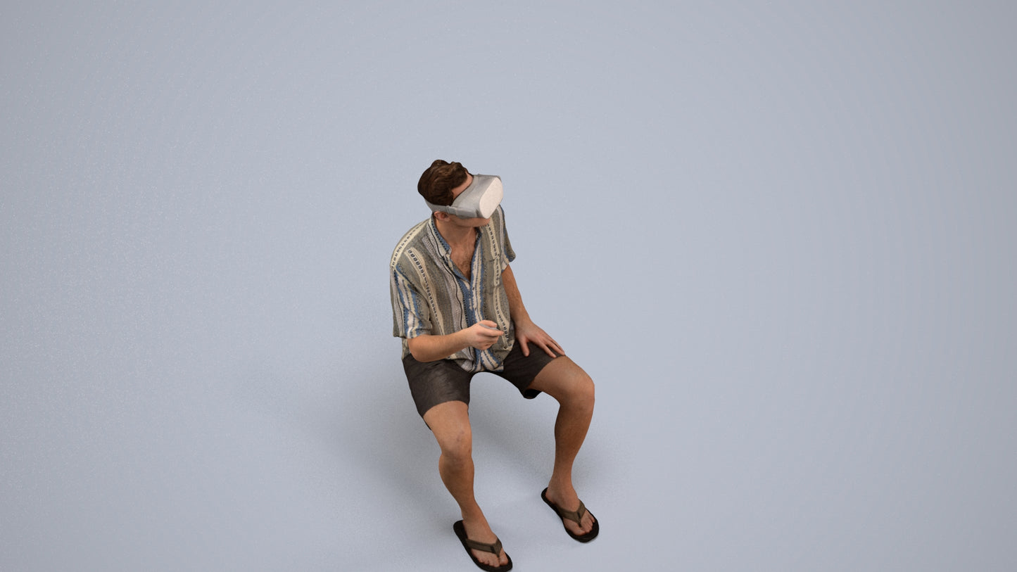 3D human model man casual sitting, photogrammetry scanned person for archviz, back view render