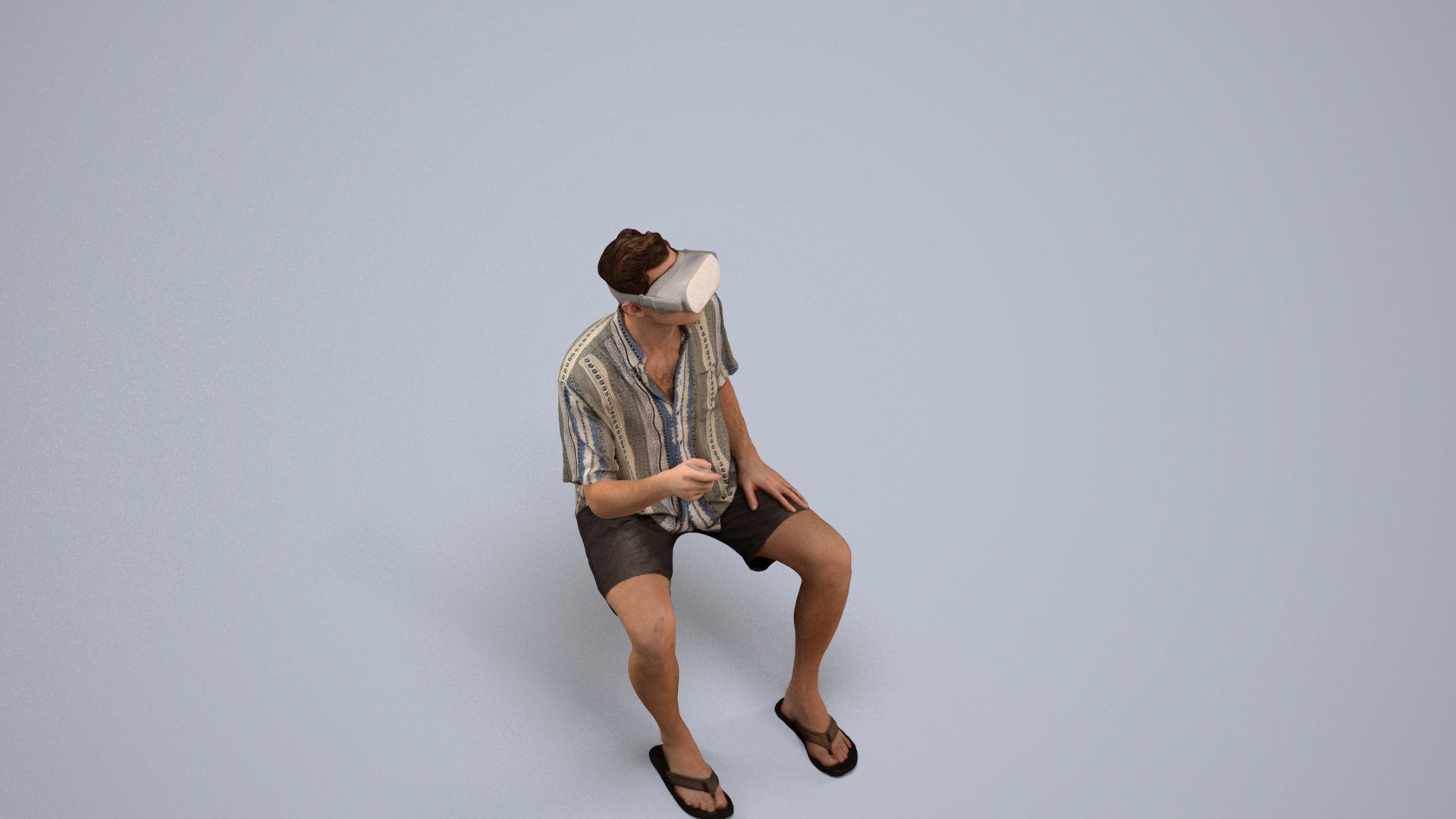 3D human model man casual sitting, photogrammetry scanned person for archviz, back view render