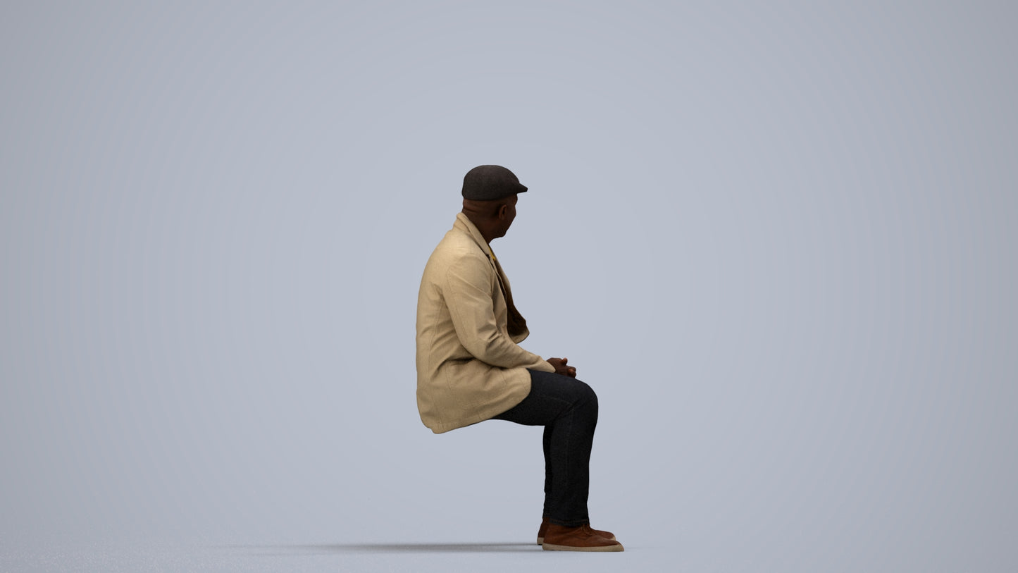 3D people model man casual sitting, scanned human for 3ds Max rendering, side view render