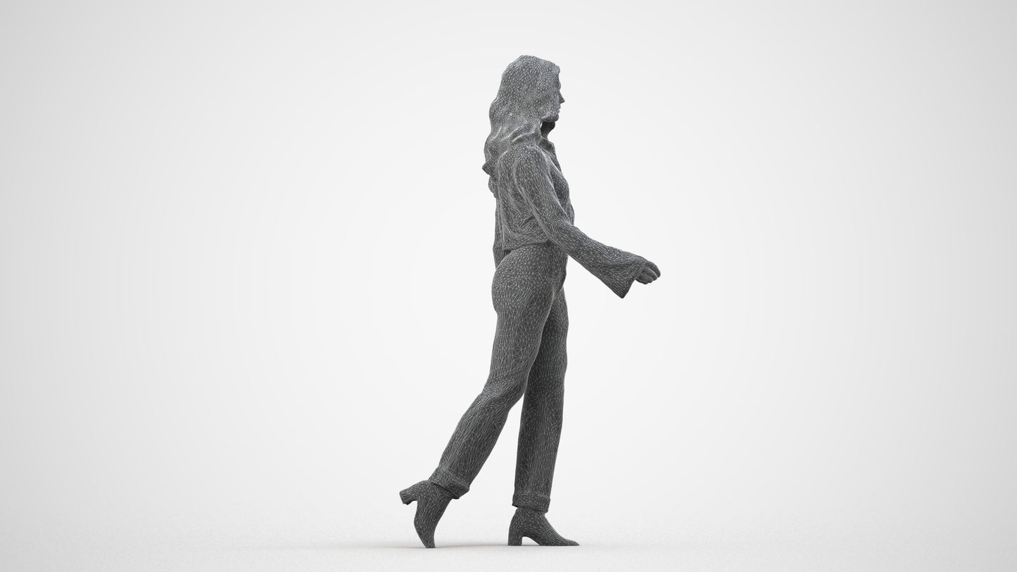 3D human model woman casual walking, photogrammetry scanned person for archviz, wireframe side view