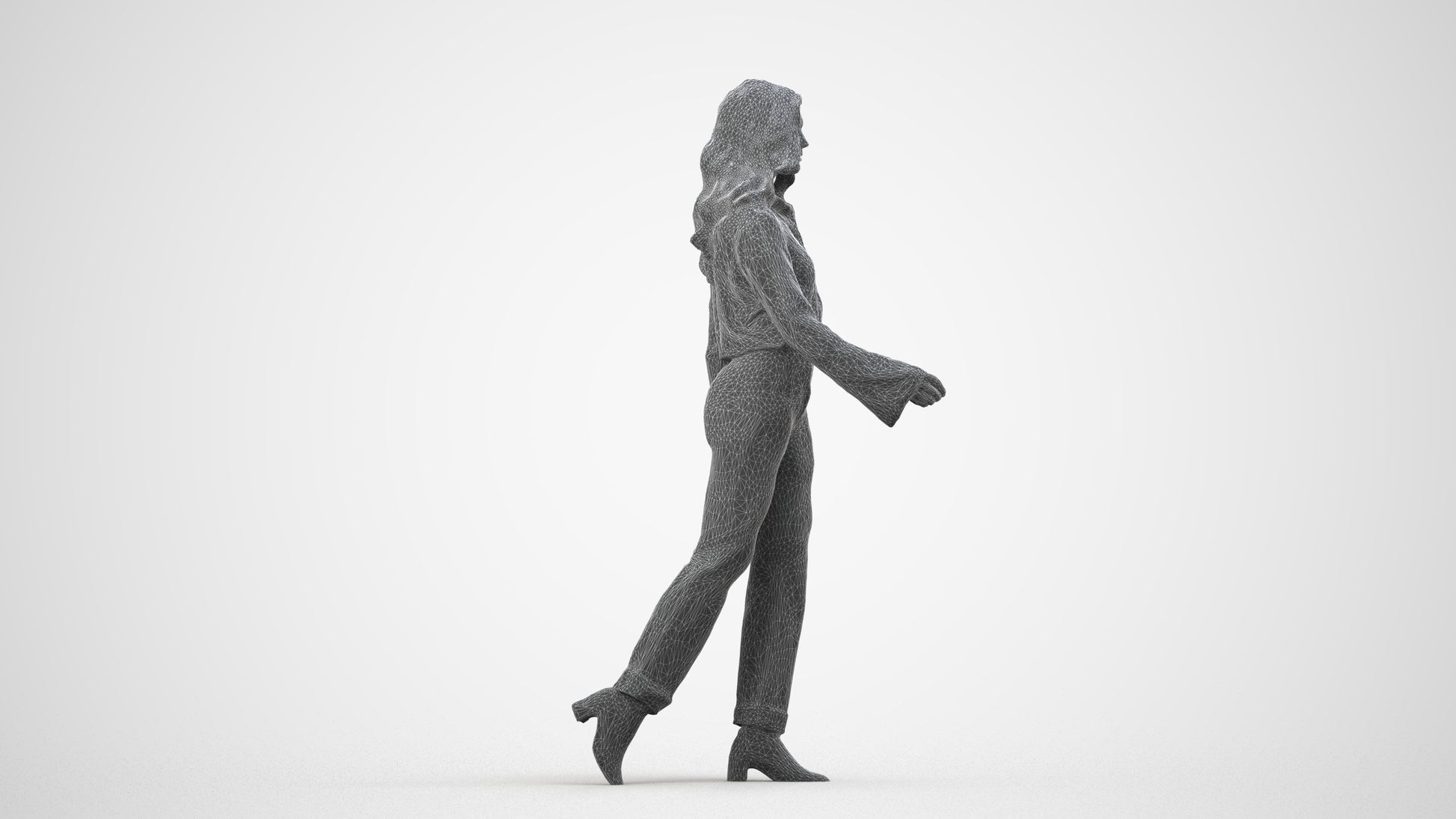 3D human model woman casual walking, photogrammetry scanned person for archviz, wireframe side view