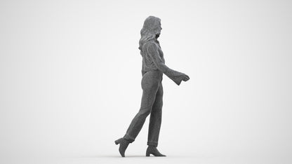 3D human model woman casual walking, photogrammetry scanned person for archviz, wireframe side view