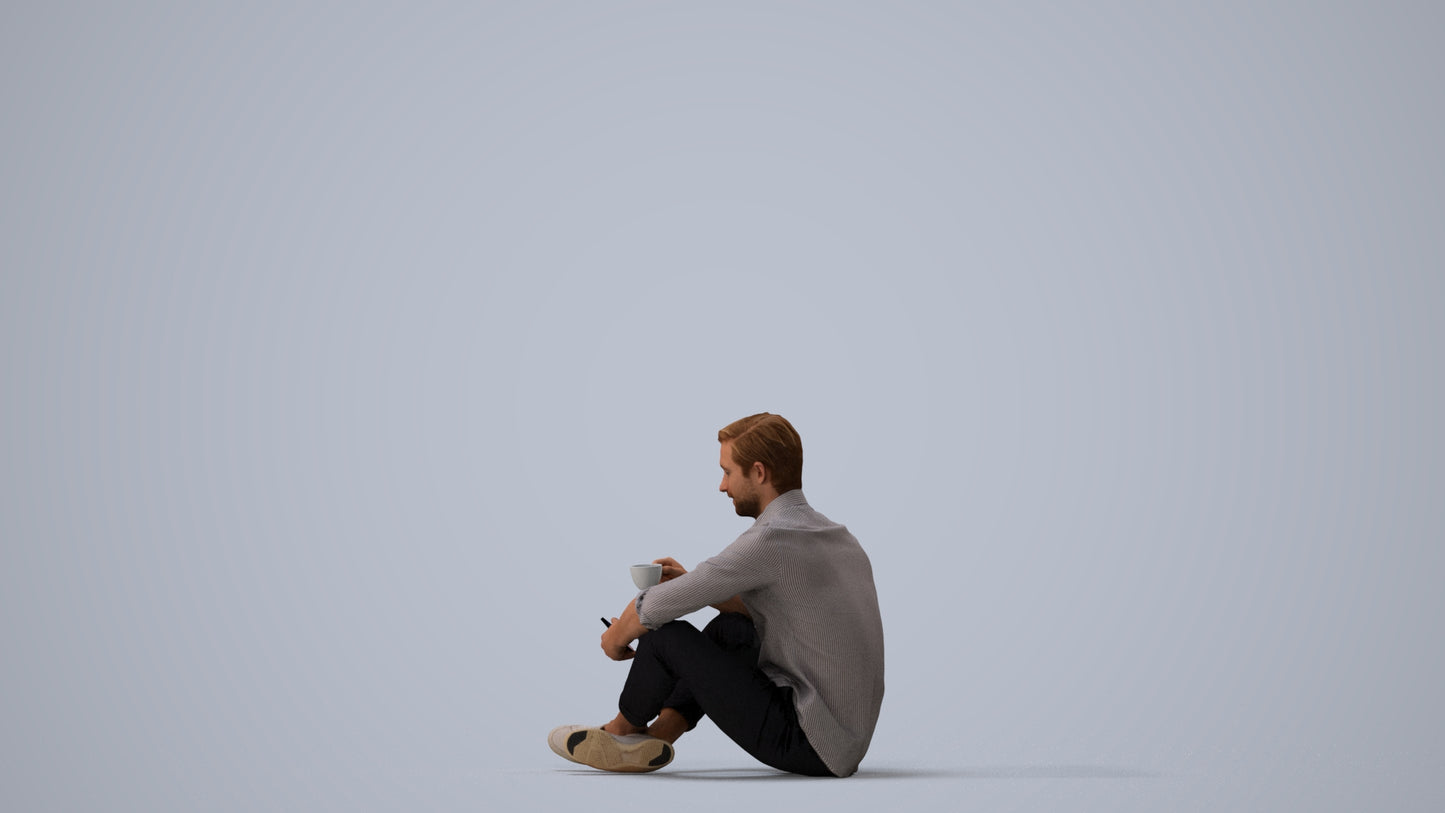 3D scanned man sitting casual, photorealistic archviz people for Enscape and SketchUp, three-quarter view render