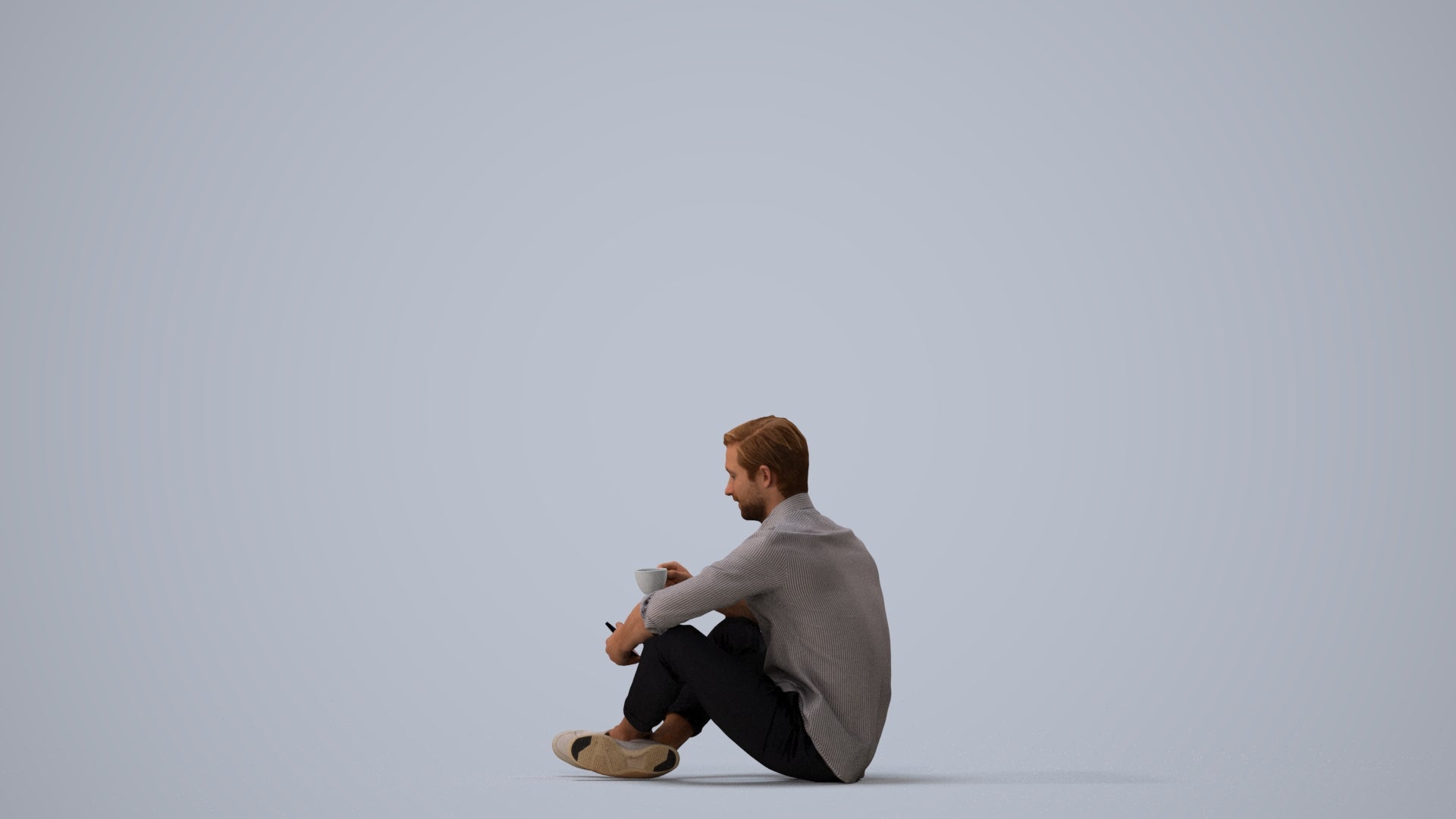 3D scanned man sitting casual, photorealistic archviz people for Enscape and SketchUp, three-quarter view render
