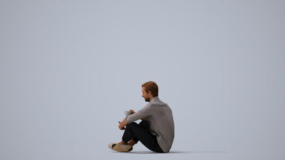3D scanned man sitting casual, photorealistic archviz people for Enscape and SketchUp, three-quarter view render