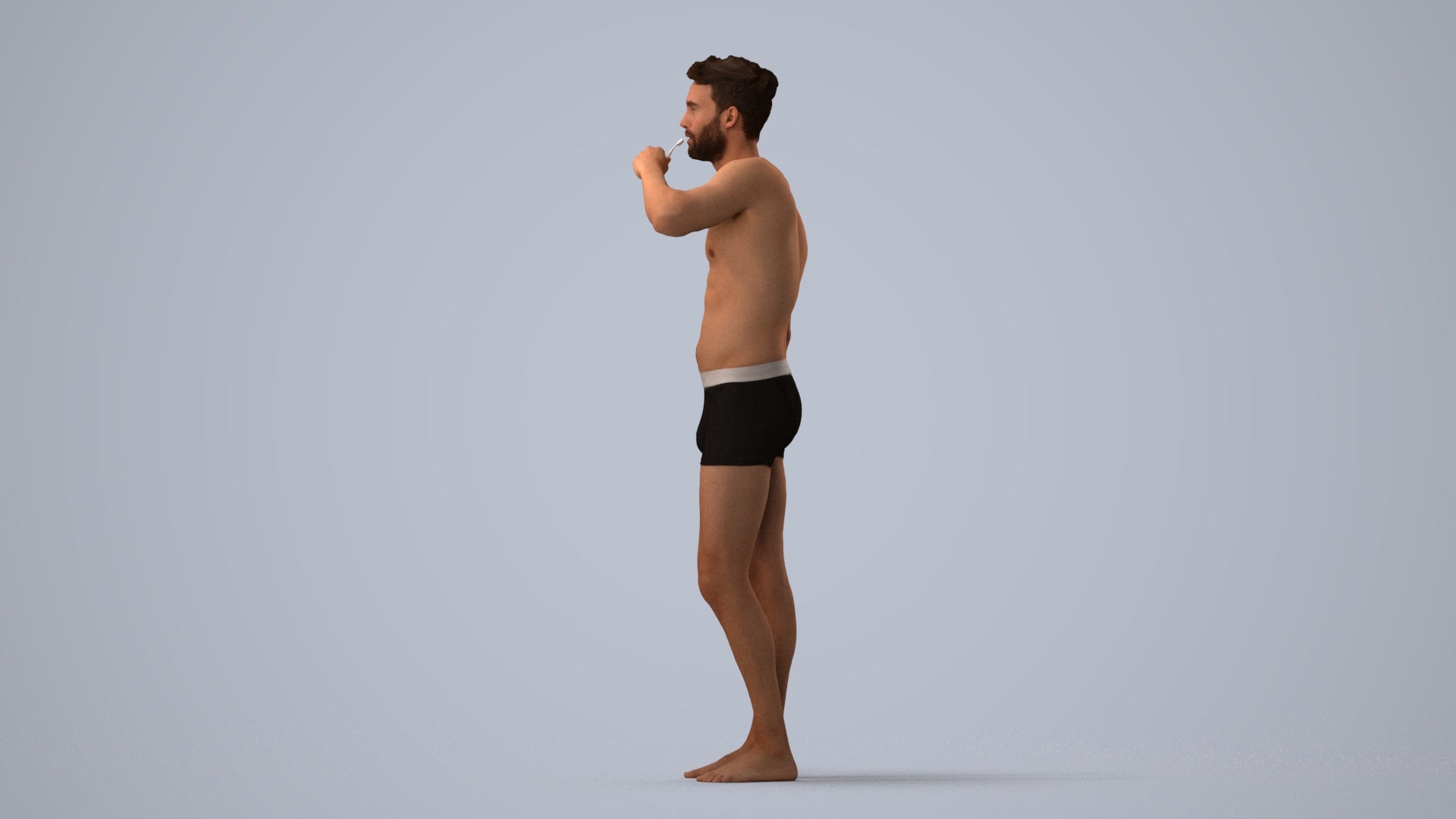 3D human model man bathroom, photogrammetry scanned person for archviz, three-quarter view render