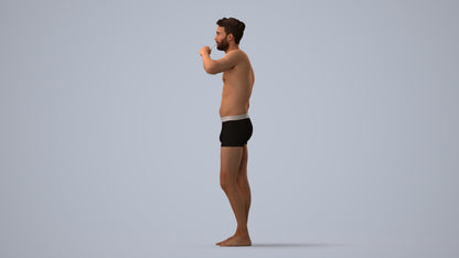 3D human model man bathroom, photogrammetry scanned person for archviz, three-quarter view render