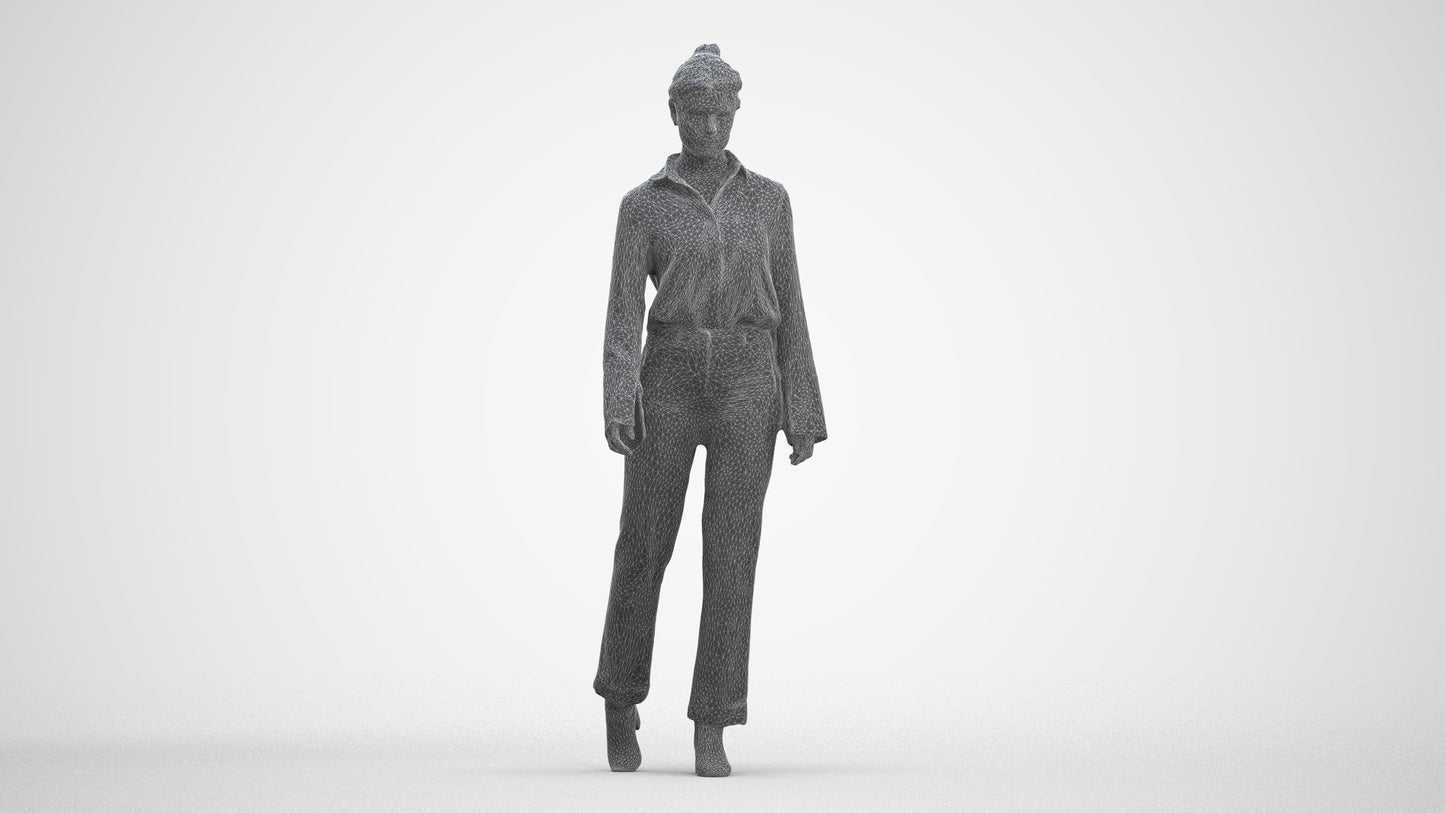 3D human model woman business walking, photogrammetry scanned person for archviz, three-quarter front view render