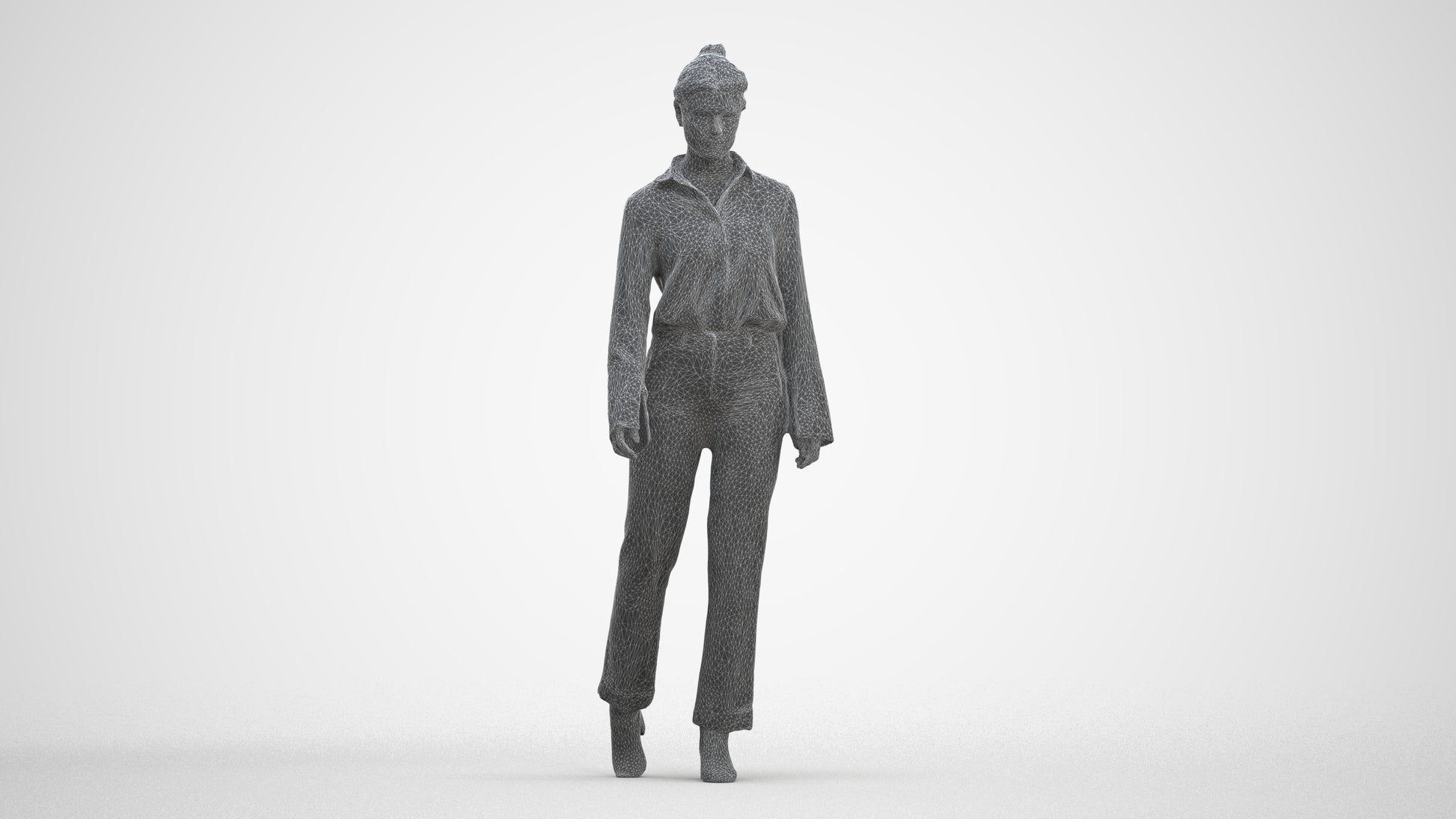3D human model woman business walking, photogrammetry scanned person for archviz, three-quarter front view render