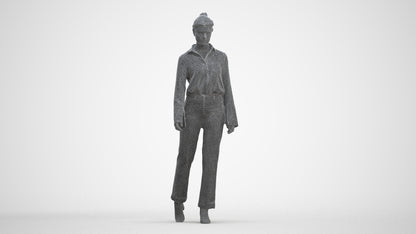 3D human model woman business walking, photogrammetry scanned person for archviz, three-quarter front view render