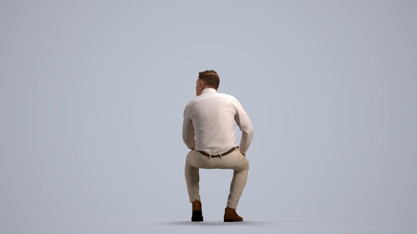 3D scanned man sitting casual, photorealistic archviz people for Enscape and SketchUp, front view render