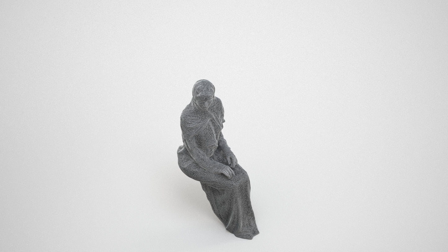 realistic 3D human woman sitting, archviz people FBX OBJ for Blender, wireframe three-quarter view