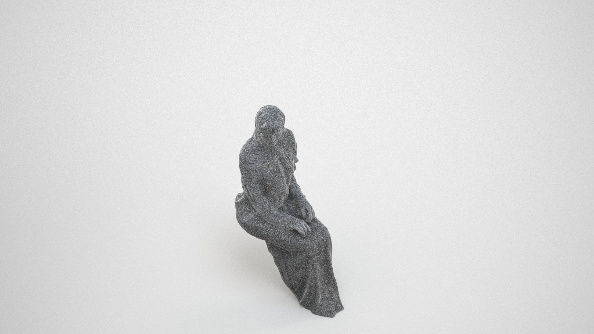 realistic 3D human woman sitting, archviz people FBX OBJ for Blender, wireframe three-quarter view