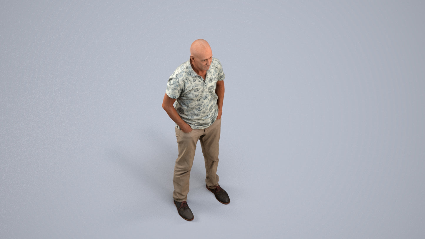 3D human model senior man casual standing, photogrammetry scanned person for archviz, back view render