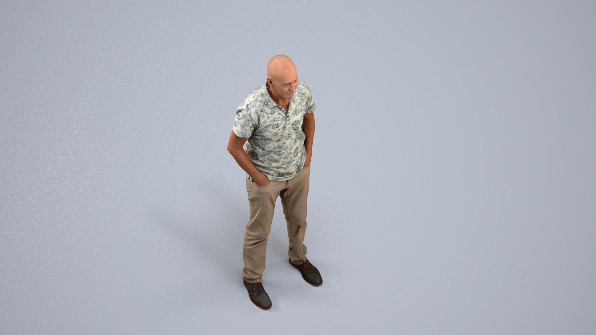 3D human model senior man casual standing, photogrammetry scanned person for archviz, back view render