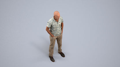 3D human model senior man casual standing, photogrammetry scanned person for archviz, back view render